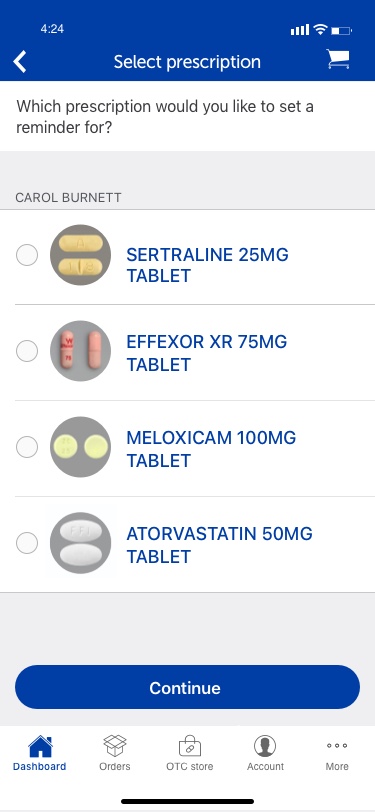 Si tiene dependientes, comenzaremos preguntándole si el recordatorio es para usted o para otra persona. De lo contrario, pasaremos directamente al siguiente paso: mostrar todos los medicamentos recetados que está tomando en Humana Pharmacy. Aquí, le preguntaremos para cuál le gustaría configurar recordatorios primero.​​ 