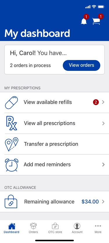 Una imagen que muestra cómo crear recordatorios de medicamentos en la aplicación móvil de CenterWell Pharmacy​​ 